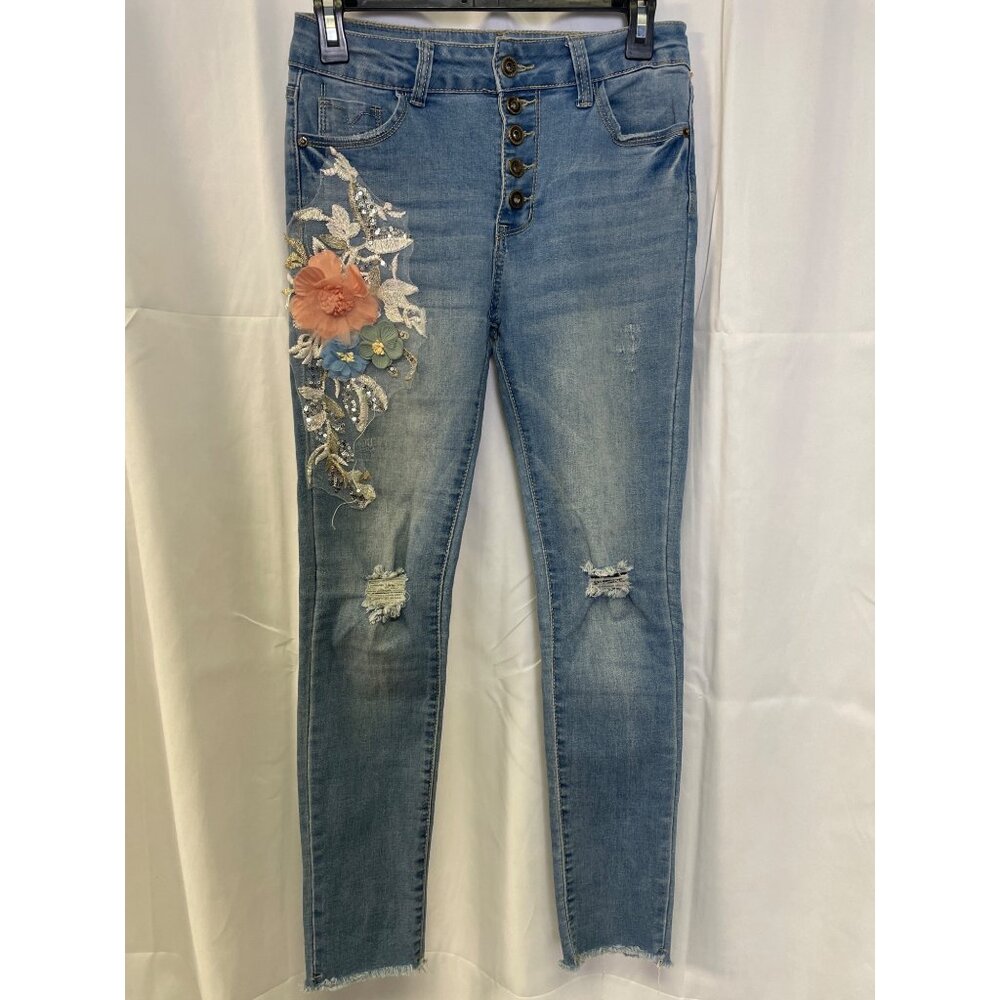 Love Couture Women's Blue Skinny Stretch Jeans With Floral Design S-9/10 SKU2565